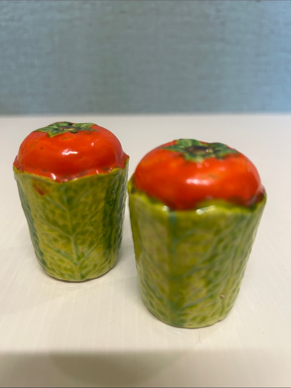Vintage Tomato in Cabbage Leaf Ceramic Salt & Pepper Shakers Japan